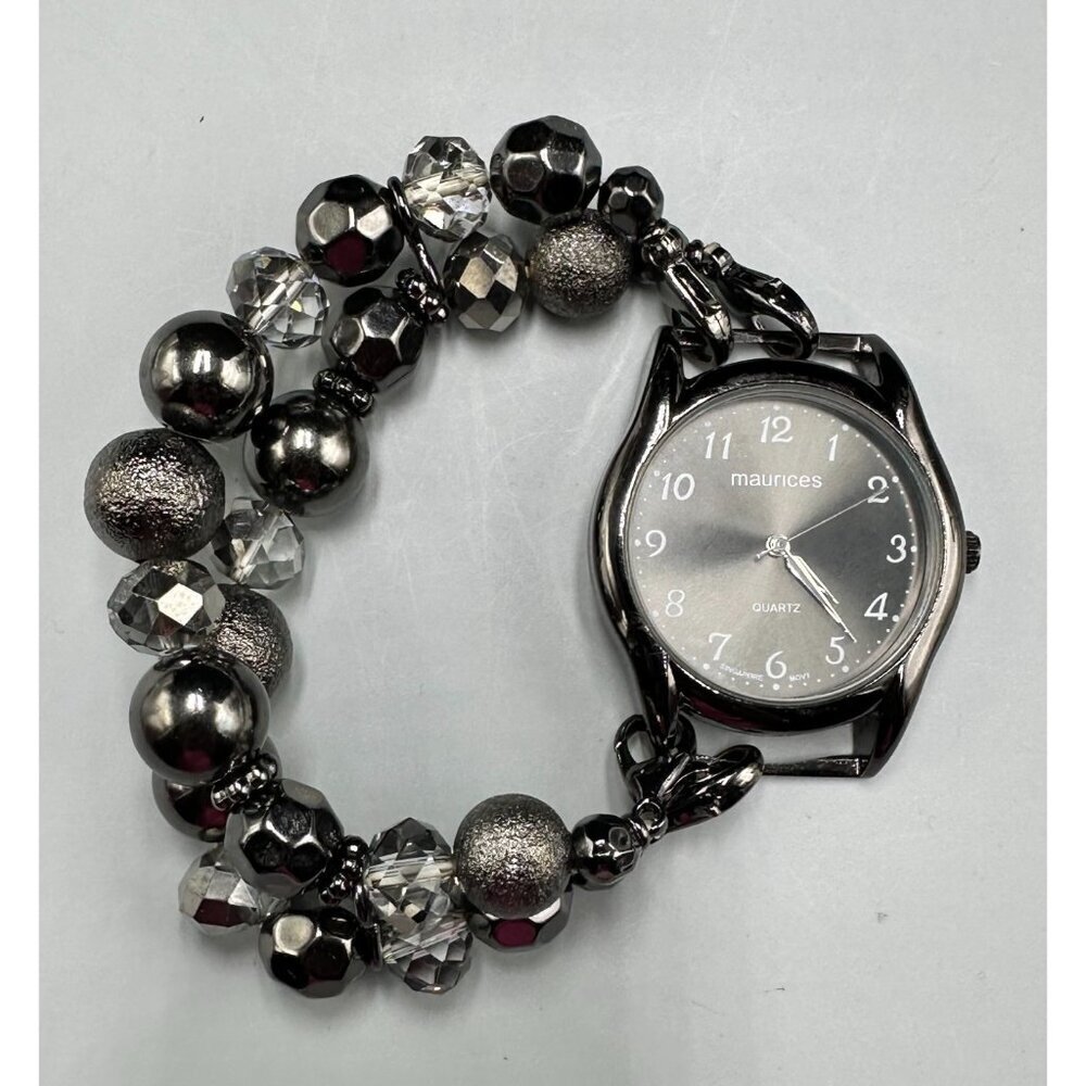 3/$30 Maurices Watch Women Black Gunmetal Beaded Stretch Band 6.75 Inch